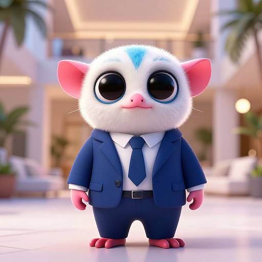 Cute CGI cartoon white mouse with large black eyes, pink ears, wearing a blue suit and tie, standing in a brightly lit, modern indoor atr