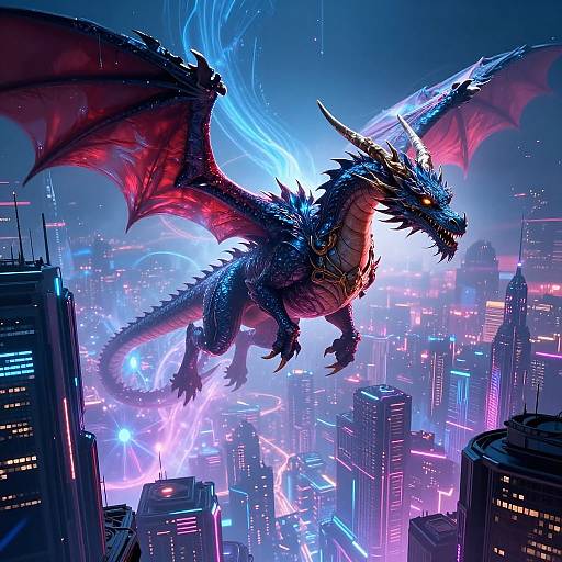 Majestic Dragon Over Cyberpunk City