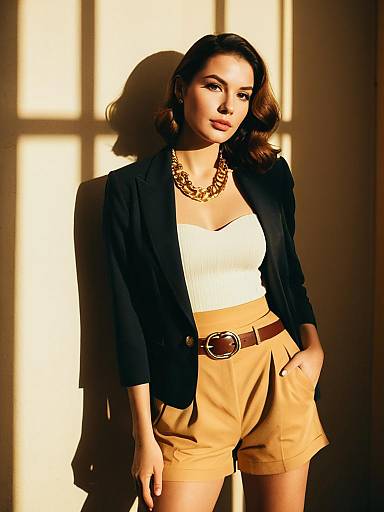 Chic woman in tailored blazer and gold accessories