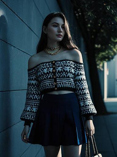 Woman in Black and White Off-Shoulder Sweater with Black Skirt