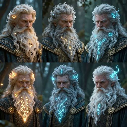Photograph collage of an older, white-bearded man with glowing runes on his forehead, beard, and cloak in a dark forest. Runes alternate