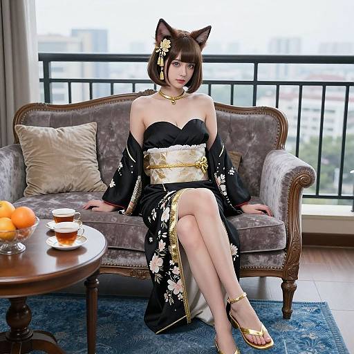 Photograph of a fair-skinned woman with short brown bob and black cat ears, wearing a black kimono with gold floral patterns, gold sandals,