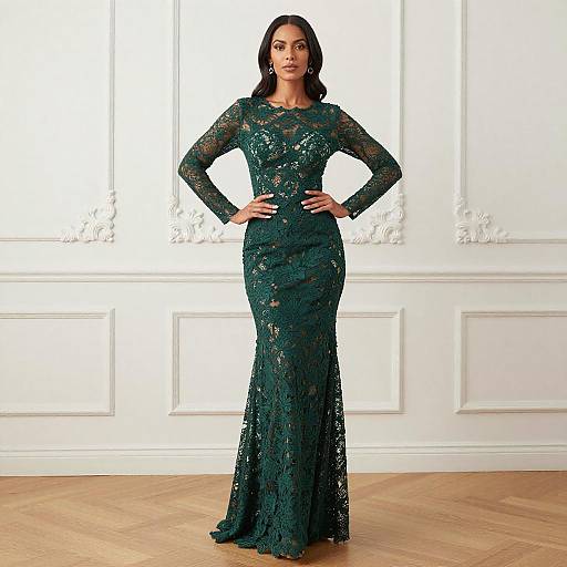 Elegant Woman in Dark Green Lace Gown