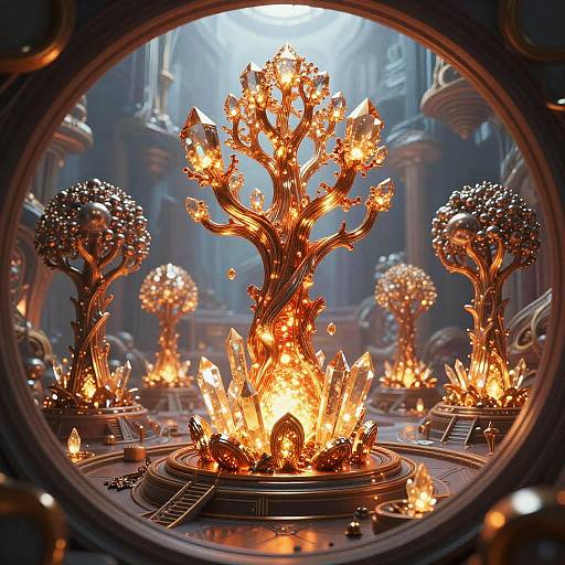 Glowing Abstract Molten Glass Trees with Levitation Crystals