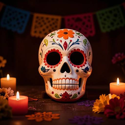 Photograph of a brightly painted sugar skull with floral designs, surrounded by lit candles and flowers, against a dark background.
