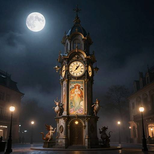 Art Nouveau Moonlit Enchanted Clocktower