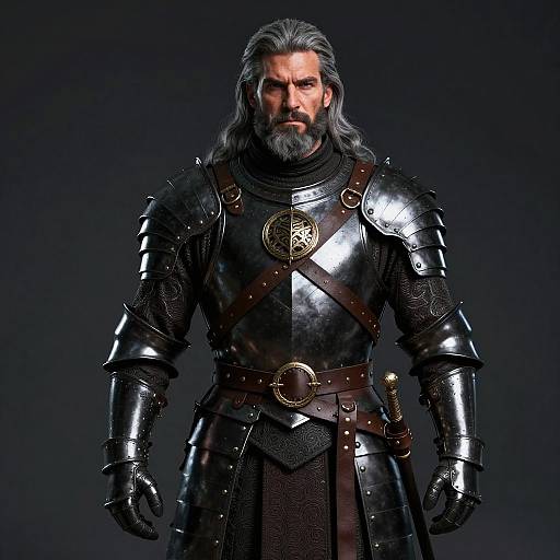 Photorealistic CGI of a muscular, bearded man in shiny black medieval armor with intricate designs, brown leather straps, and a dark background.