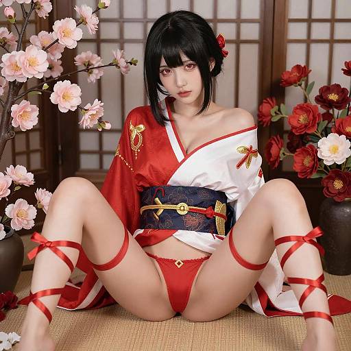 Asian Woman in Kimono Amidst Flowers