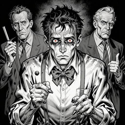 Black-and-white digital drawing: center man with wild hair, red eyes, bowtie, and suspenders, flanked by two stern men in suits
