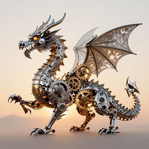 Photorealistic CGI of a metallic, steampunk-style dragon with intricate gears, sharp claws, and translucent wings, standing against a soft, gradient