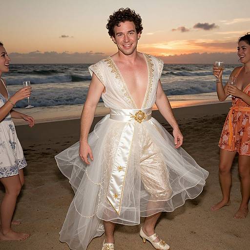 Photograph of a smiling man in a deep V-neck, white, star-embellished tulle dress with gold belt, on a beach at