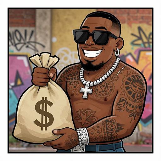 Tattooed, muscular black man with sunglasses, large grin, white beads, cross necklace, holding money bag with dollar sign, graffiti background.