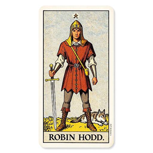 Digital illustration of Robin Hood, standing confidently with a sword in hand, wearing a red tunic, helmet, and boots, with a dog at his