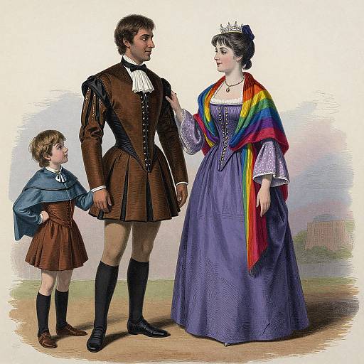 18th-century illustration: Man in brown doublet, black stockings, standing with woman in purple dress, rainbow shawl, crown, and child in