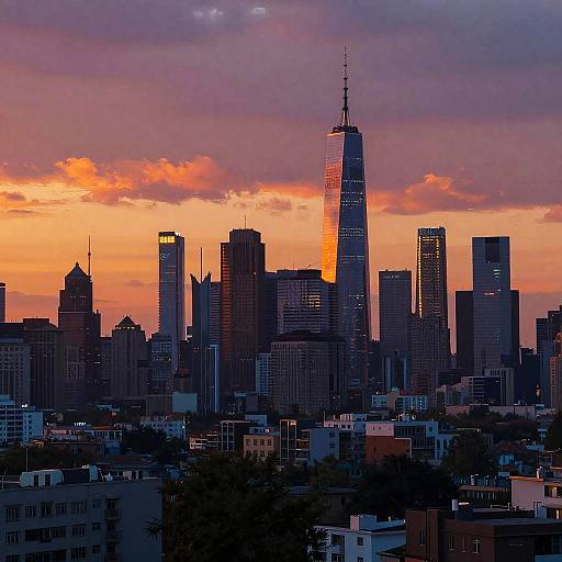 Sunset over New York City skyline with One World Trade Center illuminated against vibrant orange and purple sky. Silhouetted buildings. Digital photograph.