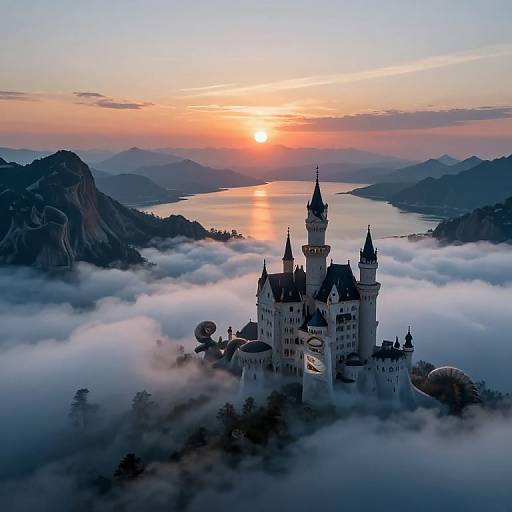 Photograph of a fairy-tale castle with multiple spires, nestled in misty mountains, at sunrise, with a glowing orange sun reflecting on a