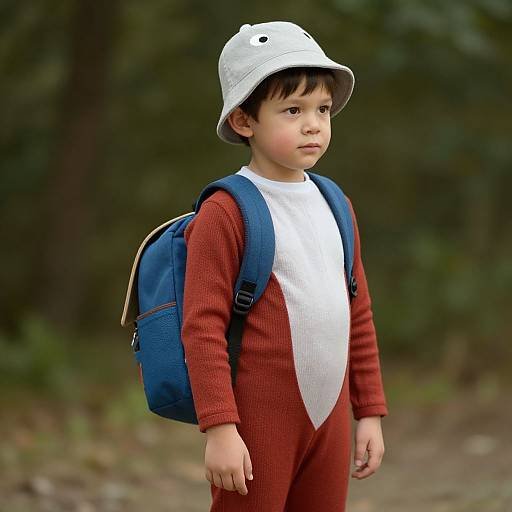 Photograph of a young boy with light skin, brown hair, wearing a white bucket hat, red and white onesie, blue backpack, standing in