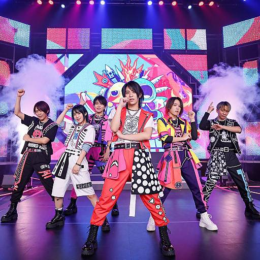 Five Asian male performers in vibrant, patterned clothing strike dynamic poses on stage with colorful LED lights and smoke effects.