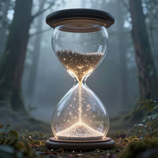 Photorealistic digital image of a glowing hourglass in a foggy forest, with sparkling sand and soft light illuminating the glass.
