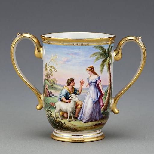 Photograph of an ornate porcelain cup with gold handles, featuring a colorful scene of a man in blue, a woman in a purple dress, and