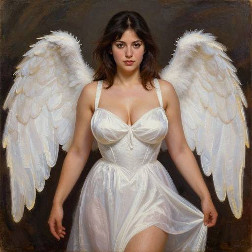Digital painting of a curvy woman with white angel wings and dark hair, wearing a sheer white dress, against a dark background.