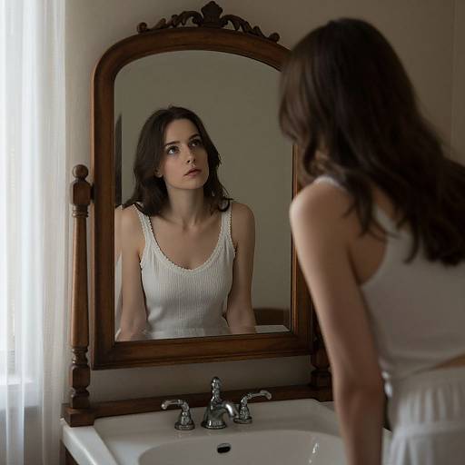 Photograph of a pensive woman with long brown hair, wearing a white tank top, standing before an ornate wooden mirror in a dimly lit
