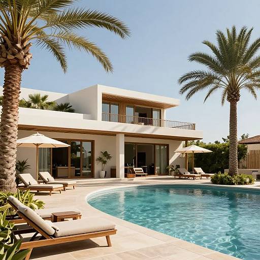 Photograph of a modern, white two-story villa with large balconies, palm trees, and a turquoise pool surrounded by lounge chairs and umbrellas under
