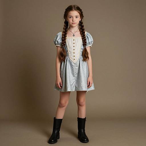 Photograph of a young girl with long brown braids wearing a silver puffed-sleeve dress, white buttons, black boots, standing against a