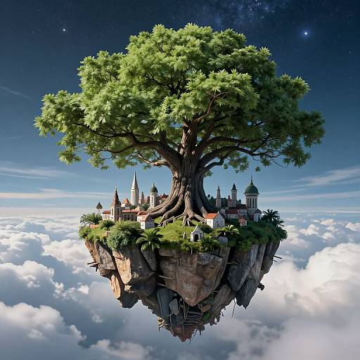 Fantasy CGI image: A floating, leafy tree island with a medieval castle, surrounded by clouds, under a starry sky.