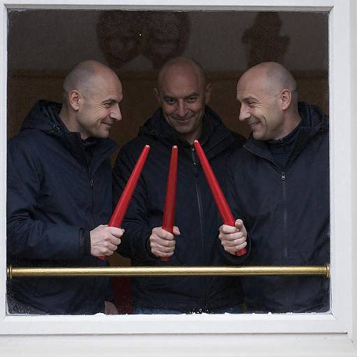 Three Bald Men Behind Rain-Streaked Window