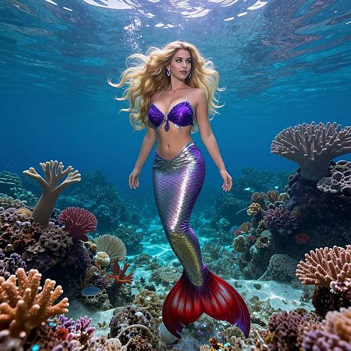 Digital artwork of a beautiful blonde mermaid with a purple top and shimmering silver-blue tail, swimming in a vibrant underwater coral reef.