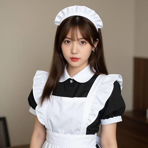 Photograph of an Asian woman with straight brown hair, wearing a black and white maid outfit, white headpiece, and red lipstick, standing in a