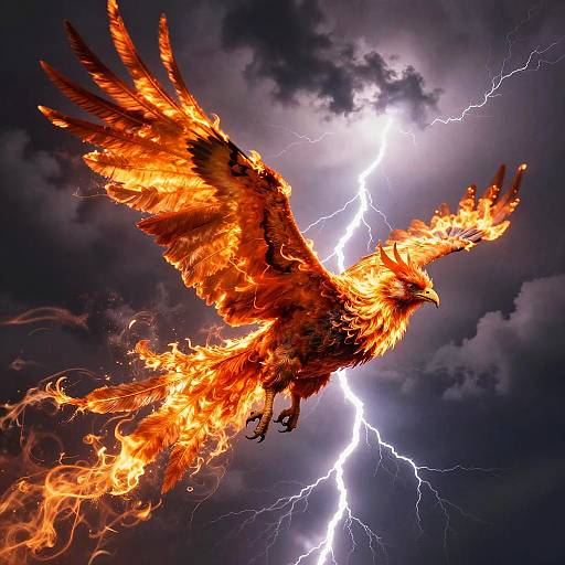 Digital artwork of a fiery phoenix with orange and yellow flames, soaring against a dark, stormy sky with bright lightning bolts.