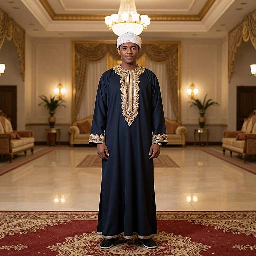 Photograph of a Black man standing in an ornate, luxurious room. He wears a white headscarf and a dark blue, long-slee
