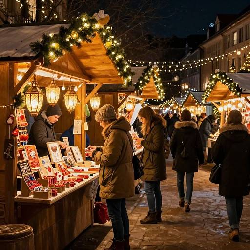 Photograph of a festive, nighttime Christmas market with warmly lit wooden stalls, string lights, and shoppers in winter coats browsing holiday decorations and gifts.
