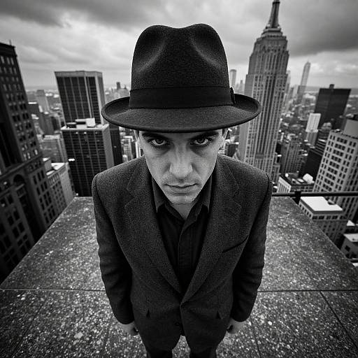 Black-and-white photograph of intense-eyed man in dark suit and hat, standing on rooftop overlooking New York City skyline. Dramatic, moody atmosphere.