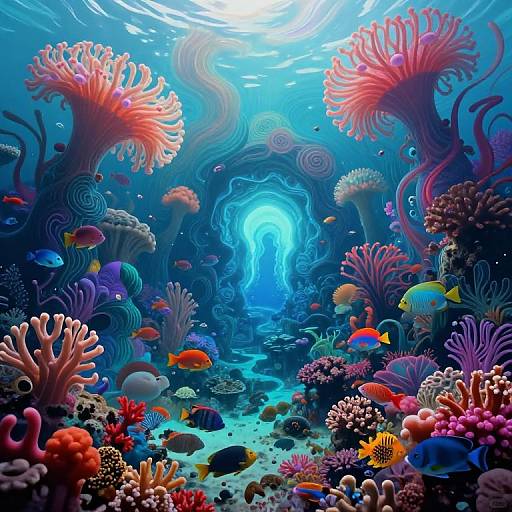 Vibrant, surreal underwater scene with colorful corals, diverse fish, and a glowing blue cave entrance in the background. Digital art.