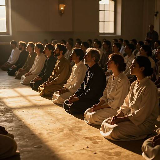 Photograph of a sunlit indoor room with a long wooden table; a row of seated Asian men and women in traditional attire, illuminated from the side