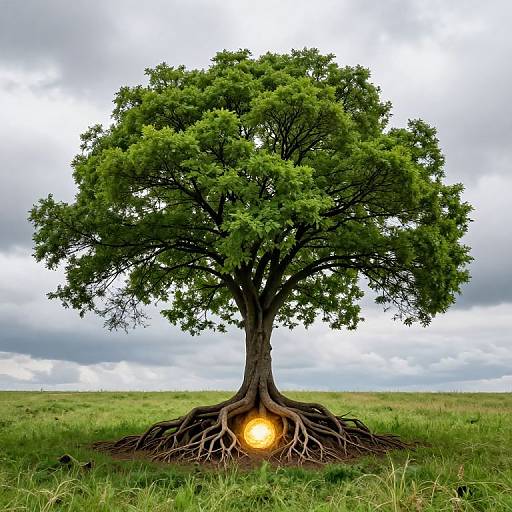 Photograph of a vibrant green tree with exposed roots, centered in a grassy field, emitting a glowing orange sun from its base.