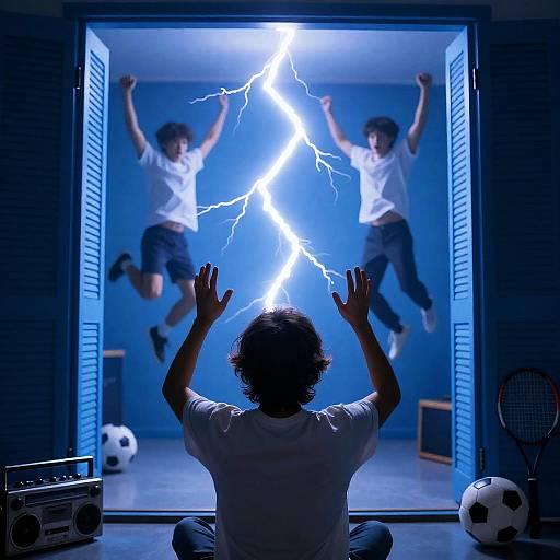 Man Controlling Lightning in Blue Room