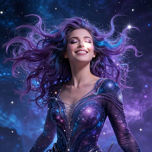 Photorealistic digital art of a smiling woman with flowing purple and blue hair, wearing a sparkly, galaxy-patterned dress, set against a cosmic