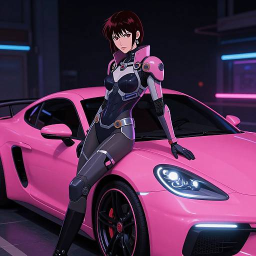 Digital art of a short-haired woman in a black and purple futuristic bodysuit, leaning on a neon pink Porsche, nighttime cityscape background.