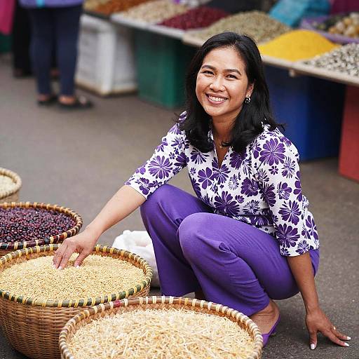 Photograph of a smiling Asian woman with black hair, wearing a white floral blouse and purple pants, squatting among large woven baskets filled with grains at