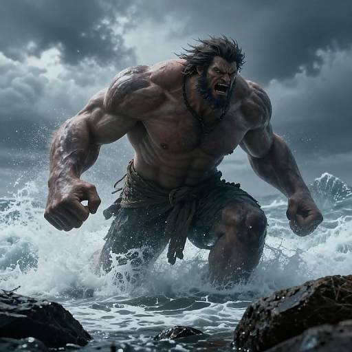 Digital artwork of a muscular, bearded, dark-haired, werewolf-like creature with fangs, crouching in raging ocean waves, wearing t