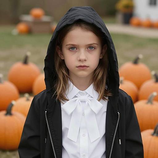 Girl in Halloween Outfit with Pumpkins