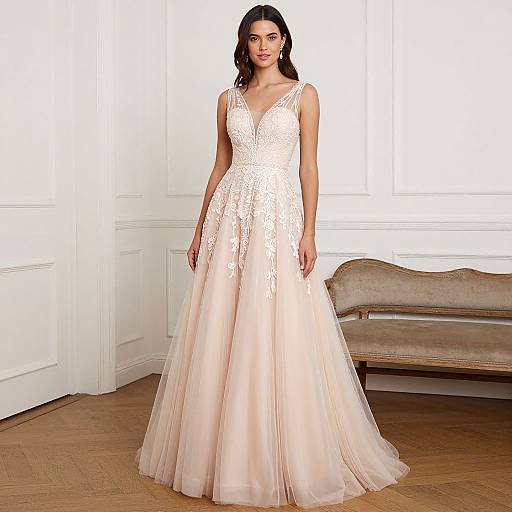 Photograph of a dark-haired woman in a white lace and tulle wedding gown with a deep V-neck, standing in a bright, elegant room with