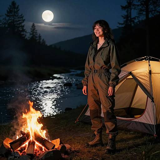 Woman Camping by Campfire Under Full Moon