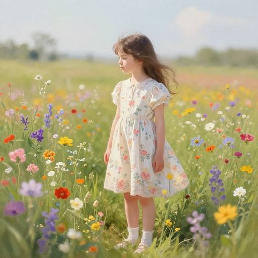 Photograph of a young girl with long brown hair, wearing a white floral dress, standing in a vibrant meadow of colorful wildflowers, sunlight filtering
