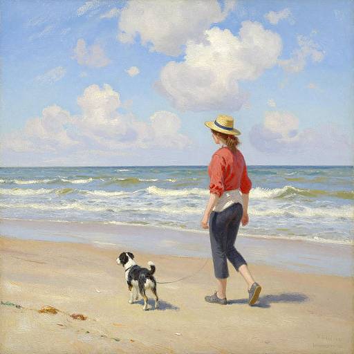 Oil painting of a woman in a red shirt, dark pants, and straw hat walking a black-and-white dog on a sunny beach.