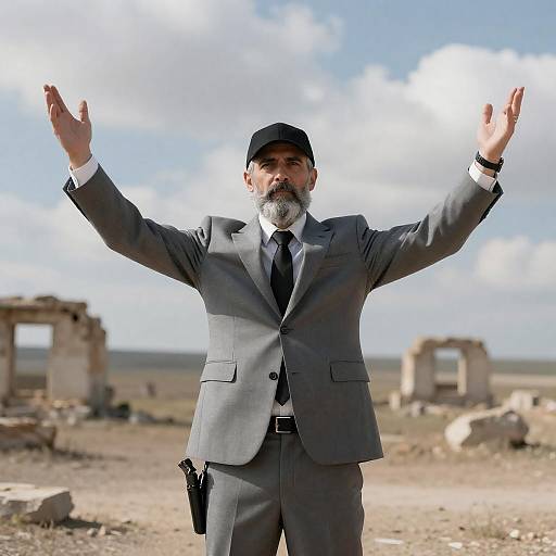 Man in Suit Raising Arms in Desert Ruins
